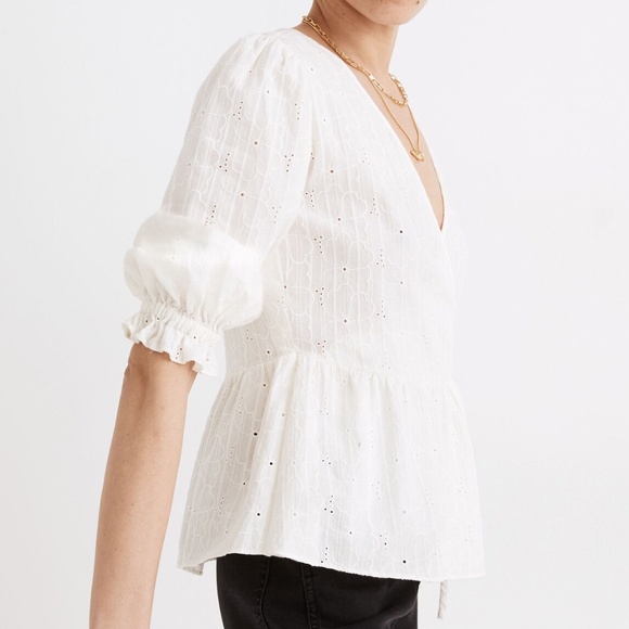 Madewell | Embroidered Eyelet Puff-Sleeve Peplum Wrap Top - Picture 9 of 9
